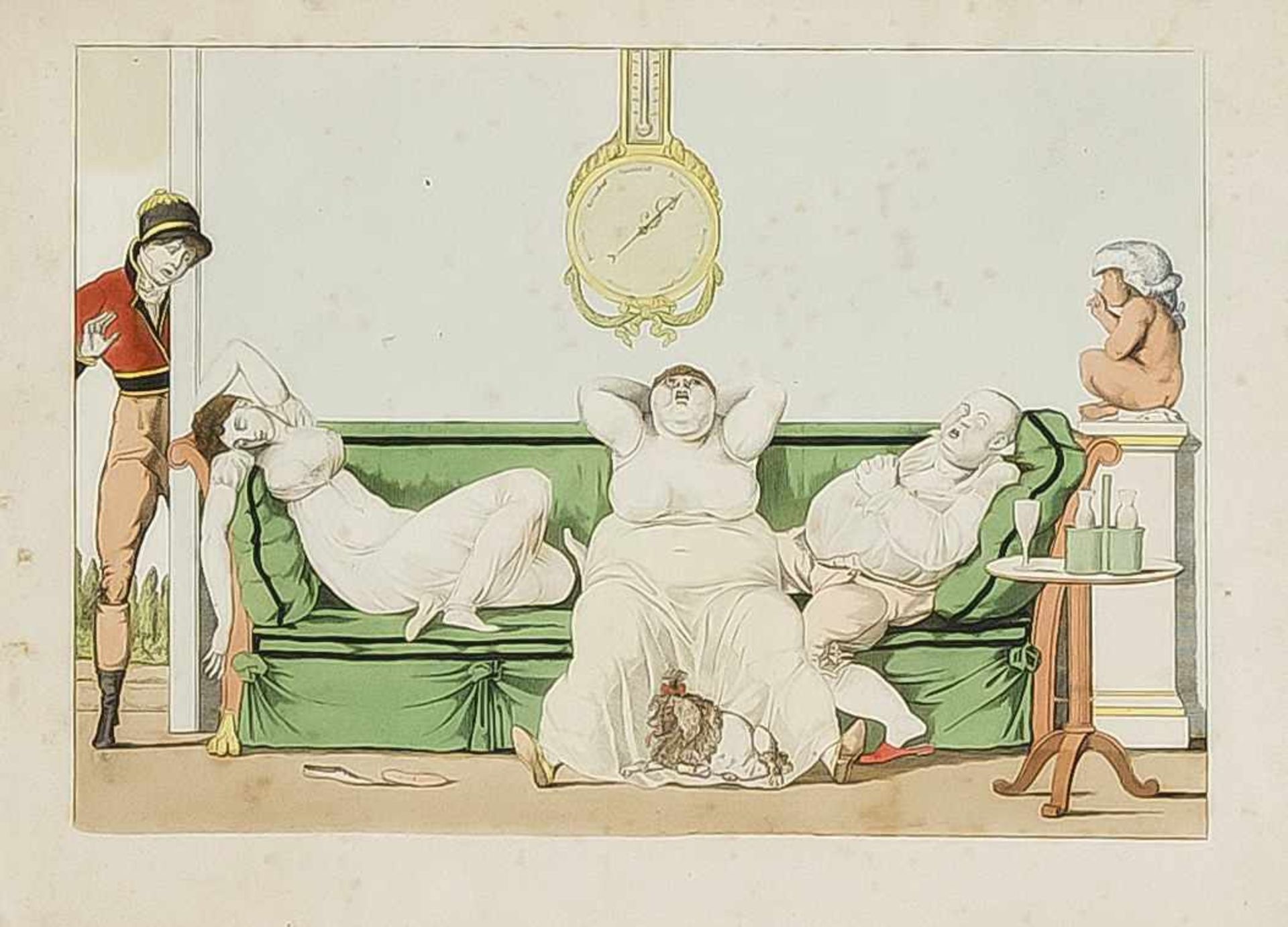 Französischer Karikaturist um 1800, drei Schlafende auf einem Sofa, klorierte Radierungauf Bütten,