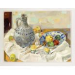 Unidentifizierter Maler um 1920, großes Früchtestillleben mit Steinzeugkrug, Gouache aufPapier, u.