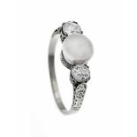 Perlen-Altschliff-Diamant-Ring WG 585/000 mit einer weißen Zuchtperle 7,5 mm, l. beriebenund