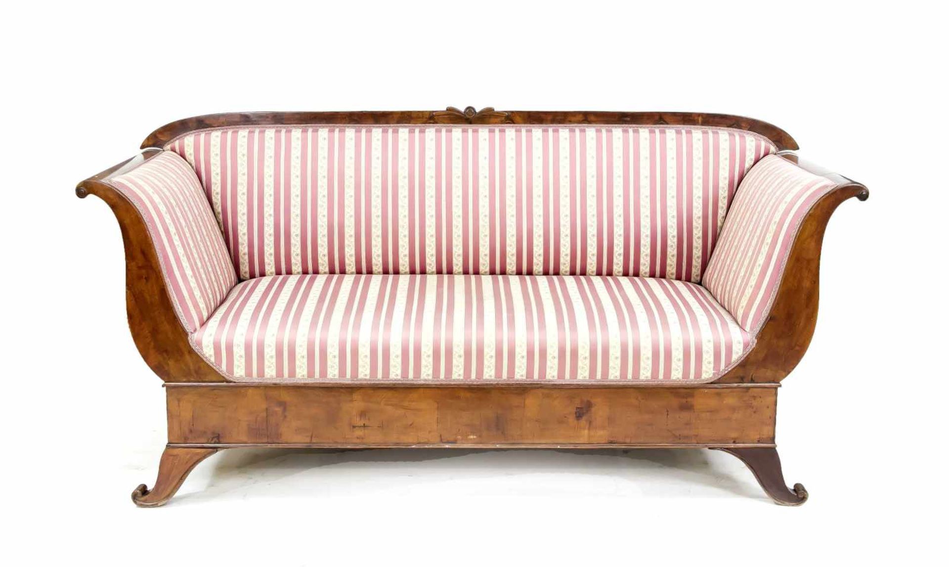 Biedermeier-Sofa um 1820, Nussbaum furniert, rosefarbener Streifenbezug, Polsterung, 97 x200 x 65