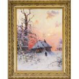 Russischer Maler des 20. Jh., Winterlandschaft im Abendlicht mit Heimkehrer vor seinerHütte in der