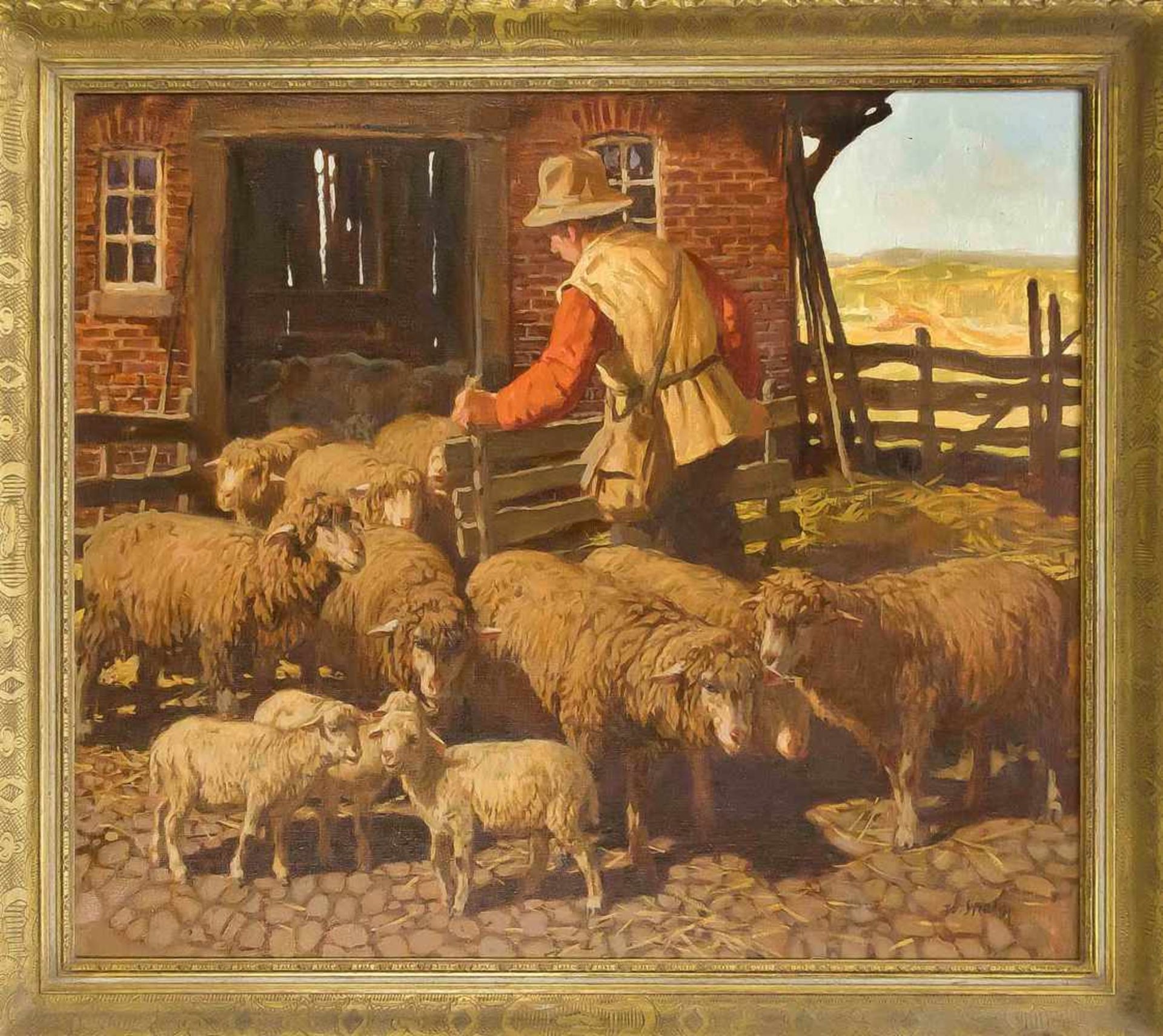 Jo Strahn (1904-1997), Bauer mit Schafsherde, Öl auf Lwd., u. re. sign., 70 x 80 cm, ger.84 x 94