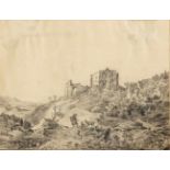 Dt. Künstler des frühen 19. Jh., romantische, pfälzische Landschaft mit Burgruine undSchäfer,