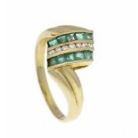 Smaragd-Brillant-Ring GG 585/000 mit 10 fac. Smaragdcarrées 2 mm und 7 Brillanten, zus.0,07 ct l.