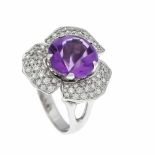 Amethyst-Brillant-Ring WG 585/000 mit einem runden im Buff-Topschliff fac. Amethyst 11,5mm und 74