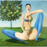 Henri Plotin, d.i. Gert Neuhaus (*1939), Berliner Maler, großer Akt mit blauen Strümpfenund