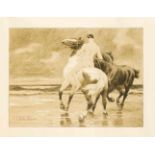 Franz Müller-Münster (1867-1936), nackter Reiter mit zwei Pferden am Strand,Farblithographie, u. li.