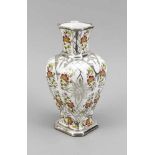 Vase, Bohemia, 20. Jh., Amphorenform auf achteckigem Fuß, polychromer Blumendekor,Silberoverlay,