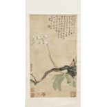 Rollbild, China, 1. H. 20. Jh., Tusche auf Papier. Orchidee an Wurzel, Kalligrafie,