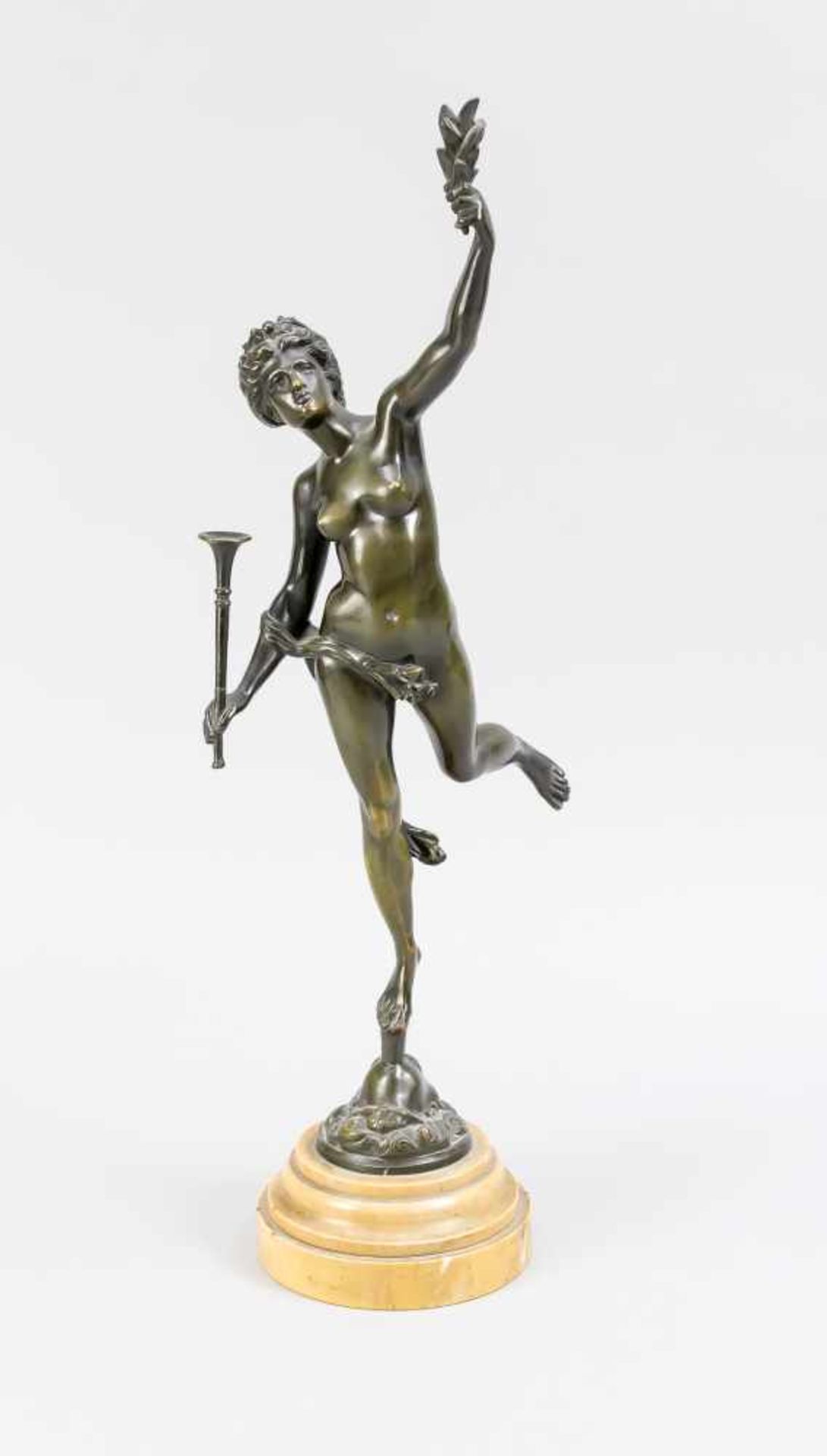 Allegorische Bronze um 1900, Fama mit Posaune und Zweig, nach oder in der Art vonGiambologna,