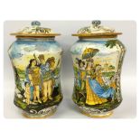 A PAIR OF MAJOLICA STYLE VASES, INDISTIN