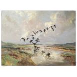 OIL ON BOARD, "GEESE IN FLIGHT OVER WETL