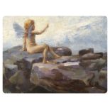 OIL ON BOARD OF FAIRY ON THE ROCKS BEARI