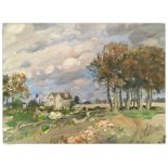 OIL ON CANVAS "RURAL LANDSCAPE WITH BUIL