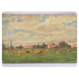 OIL ON CANVAS, CATTLE GRAZING IN A FIELD