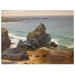 OIL ON BOARD "ROCKS ST. IVES COAST" BEAR