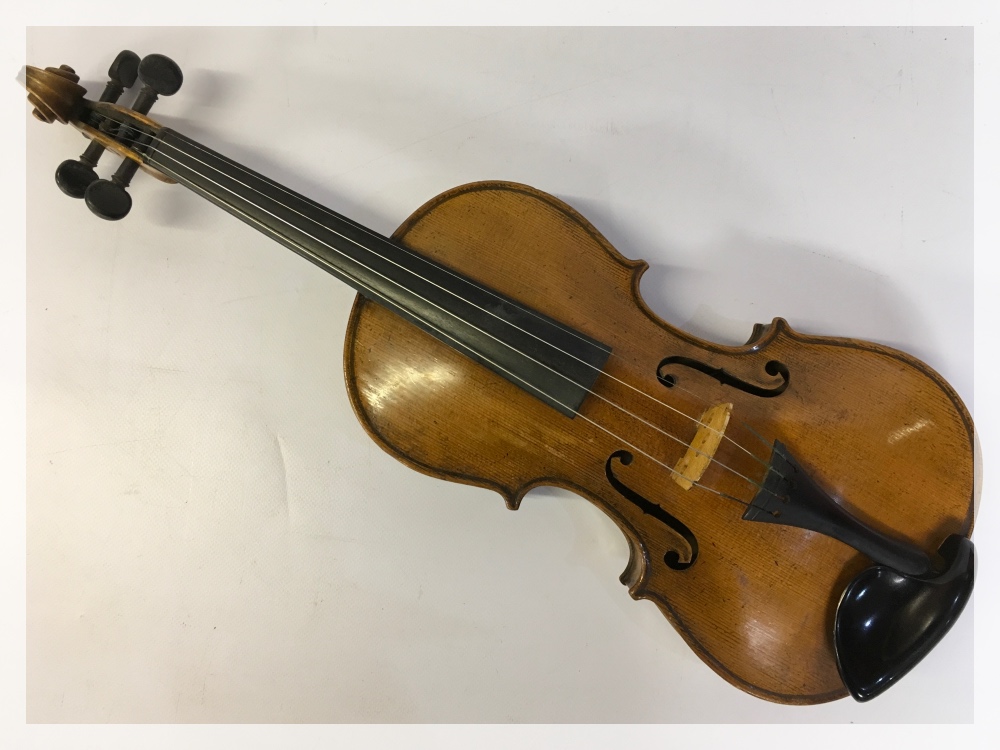 A VIOLIN AND BOW IN HARD WOODEN CASE, T