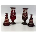 FOUR PIECE RUBY ETCHED GLASS DRESSING TA