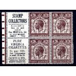 GB: 1929 PUC 1 1/2d BOOKLET PANE OF FOUR