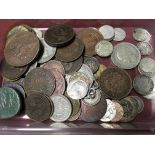 TUB OF MIXED OVERSEAS COINS, FEW TOKENS