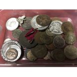 TUB OF MIXED COINS, MEDALLIONS, ETC. 179