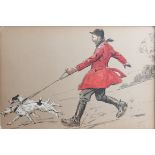 Lionel Edwards (British 1878-1966) A huntsman and two eager hounds on a short leash, watercolour,