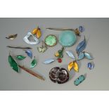 A disc form pale blue Ruskin brooch, together with a small collection of enamel costume jewellery,