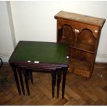 A reproduction nest of three mahogany occasional tables, together with a pine wall mounting small