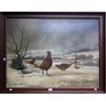 B M Conway (20th century) Pheasants in a wintry landscape oil on canvas board, signed lower right 74