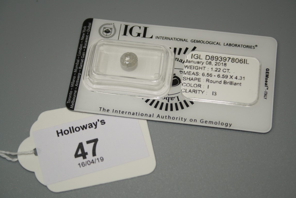 An unmounted brilliant cut diamond, complete with IGL Certificate, stating that the stone is 1.22ct,