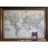 James Wyld The World, On Mercators Projection published London 1846 framed and glazed, retaining