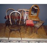 A rustic burr elm seated stool, three hoop and stick back dining chairs, a reproduction lyre end