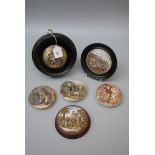 Six Victorian Prattware pot lids, Lend and Bite, Uncle Toby, Shakespeare's House, Jealous Rival,