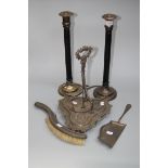 Kenneth Turner, London, a pair of black hide bound EP table candlesticks, an Edwardian silver plated