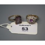 An amethyst and clear paste cluster ring in 9ct gold mount, together with a single stone dress ring,