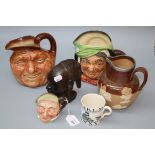 A large Royal Doulton character jug, John Barleycorn, another, Salrey Gamp, a Lambeth hunting and