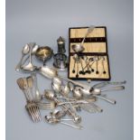 A mixed lot of silver flatware, holloware, condiments, bun form mustard and other items, various
