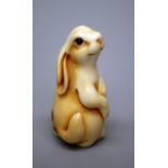 A carved tagua nut netsuke of a seated smiling rabbit, with glass bead eyes, signed to hind leg,