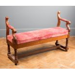 A Victorian mahogany, plush upholstered window seat with scrolled lappet carved arms, close