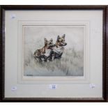 After Henry Wilkinson, a pencil signed limited edition etching of two Corgi's in a landscape,