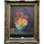 Mid 19th century Continental school Still life study of poppies and primroses in a vase on stone