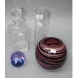 Two mallet form crystal decanters and stoppers, a pair of trumpet flower vases, a spherical mauve