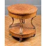 A late 19th/early 20th century French burr walnut occasional table, the drum shape top with