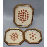 Three sets of Grand Tour-type wax relief cameos, each in giltwood glazed frame