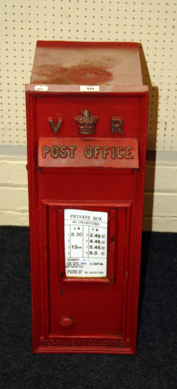 A red painted pillar box with Victorian cypher, named W. T. Allen, London, 69 x 25 x 32cm