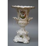 A 19th century German porcelain urn, of campagna form, decorated with reserves of cut blooms on a