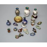 A collection of approximately fifteen miniature cloisonne snuff bottles, vases and similar items
