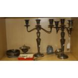 A pair of silver plated twin branch three sconce table candlesticks, 36cm together with a further
