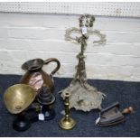 A Victorian copper one gallon copper harvest jug, a set of cast iron pan scales, a brass stick stand