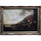 19th century European School Figures, cattle, sheep and dogs in an extensive landscape oil on canvas